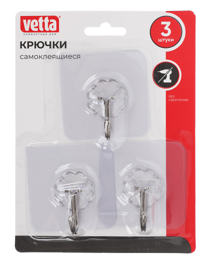 Крючки самоклеящиеся 6х6см ПВХ 3шт VETTA