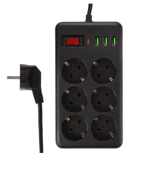 Удлинитель, сетевой фильтр 6 гнезд 3м BY Black, 3*USB, 1*type-C,выкл., 2500Вт,чёрный