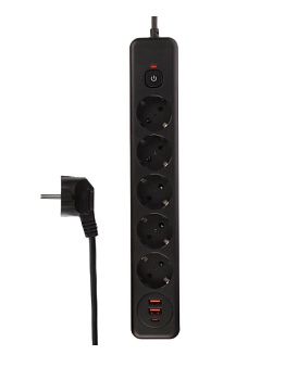 Удлинитель, сетевой фильтр 5 гнезд 3м BY Black, 2*USB, 1*type-C,выкл., 2500Вт, чёрный