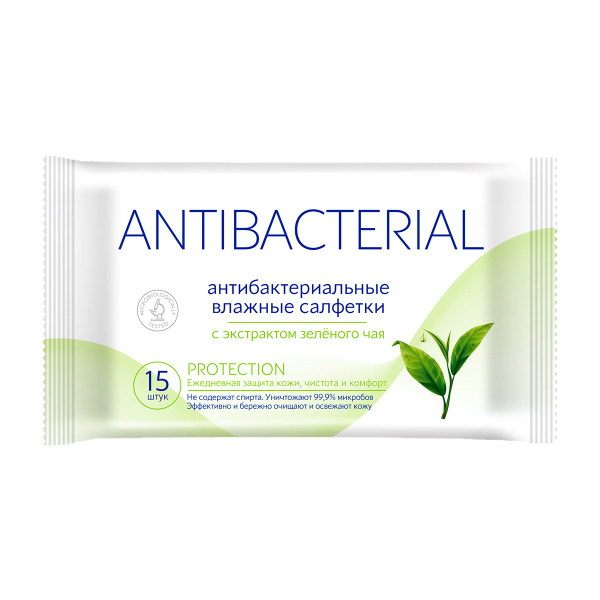 Салфетки влажные 15 шт антибакт. с зеленым чаем Antibacterial Protection