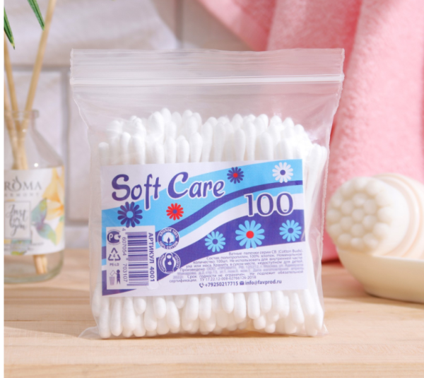 Ватные палочки «Soft Care», 100 шт. в пакете зип лок 2323353