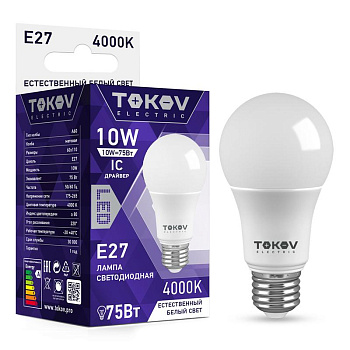 Лампа светодиодная 10Вт А60 4000К Е27 176-264В TOKOV ELECTRIC