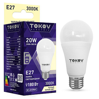 Лампа светодиодная 20Вт А60 3000К Е27 176-264В TOKOV ELECTRIC